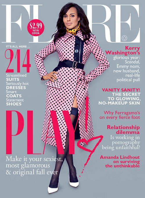 Kerry Washington graces the cover of Flare Magazine wearing a coat by Miu Miu.
